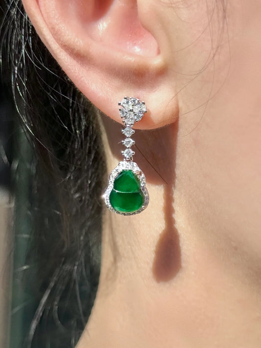 Cherished Auspicious Fortune Calabash-Vivid Green Jadeite Drop Earrings (S925 Silver)