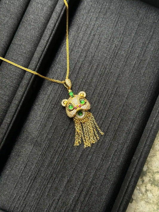 Cherished Auspicious Wealth Awakened Lion-Vivid Green Jadeite Pendant (S925 Silver)