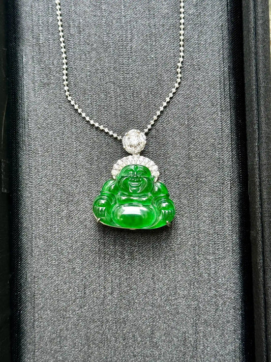 Exceptional Blessing and Openness Buddha - Vivid Immortal Green Jadeite Pendant (S925 Silver)