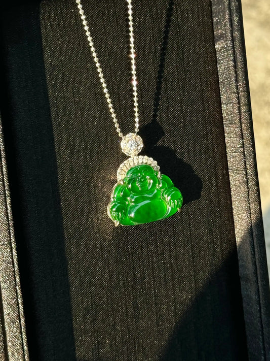Exceptional Blessing and Openness Buddha - Vivid Immortal Green Jadeite Pendant (S925 Silver)