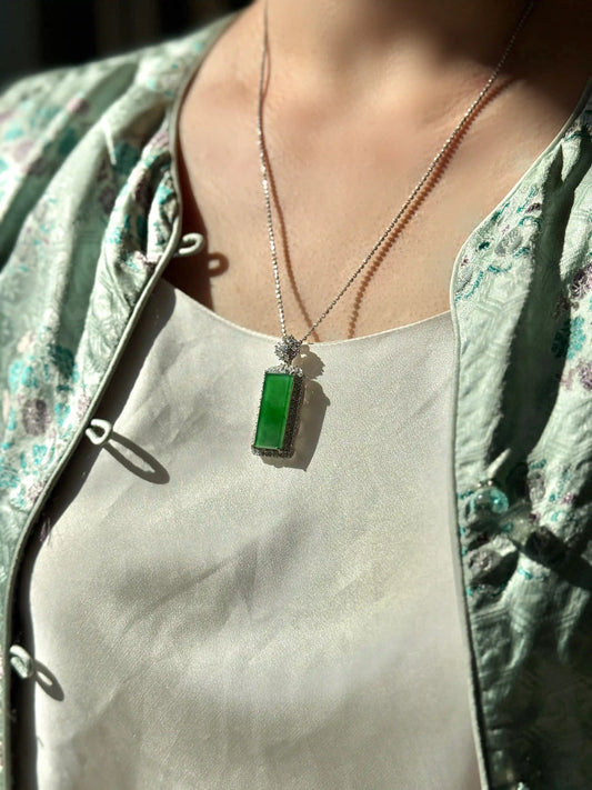 Exceptional Peace Plain Plaque- Serene Green Jadeite Pendant (S925 Silver)